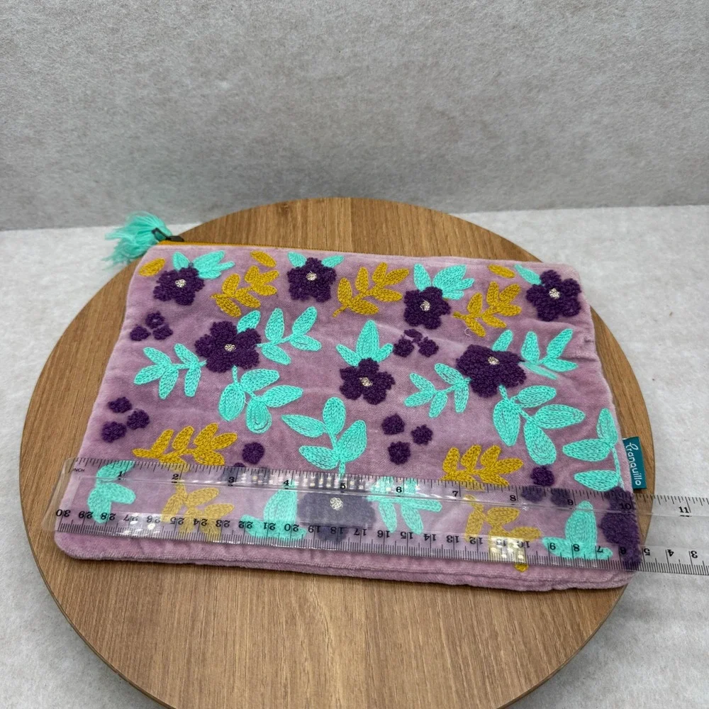 Tranquillo Velvet Floral Embroidered Pouch Purple Boho‎ Makeup Bag Cosmetic Case